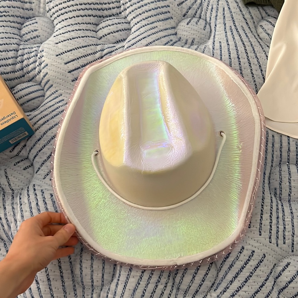 white iridescent cowboy hat